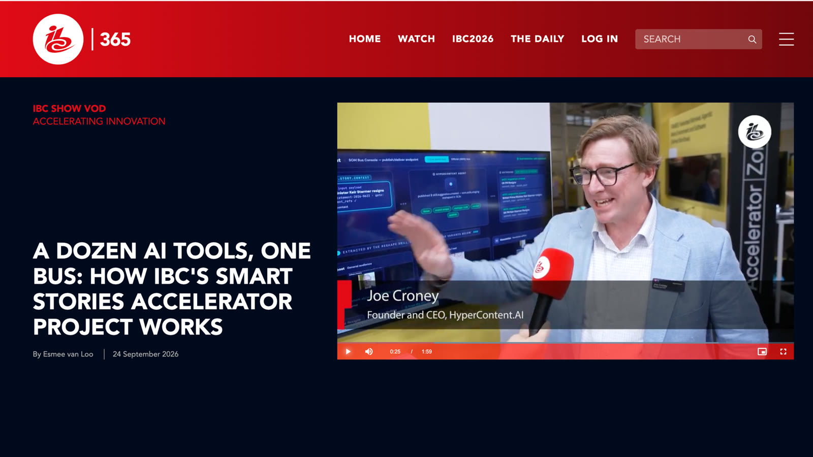Joe Croney interviewed at the IBC Accelerator Zone, with the HyperContent SOM Bus Console on screen
